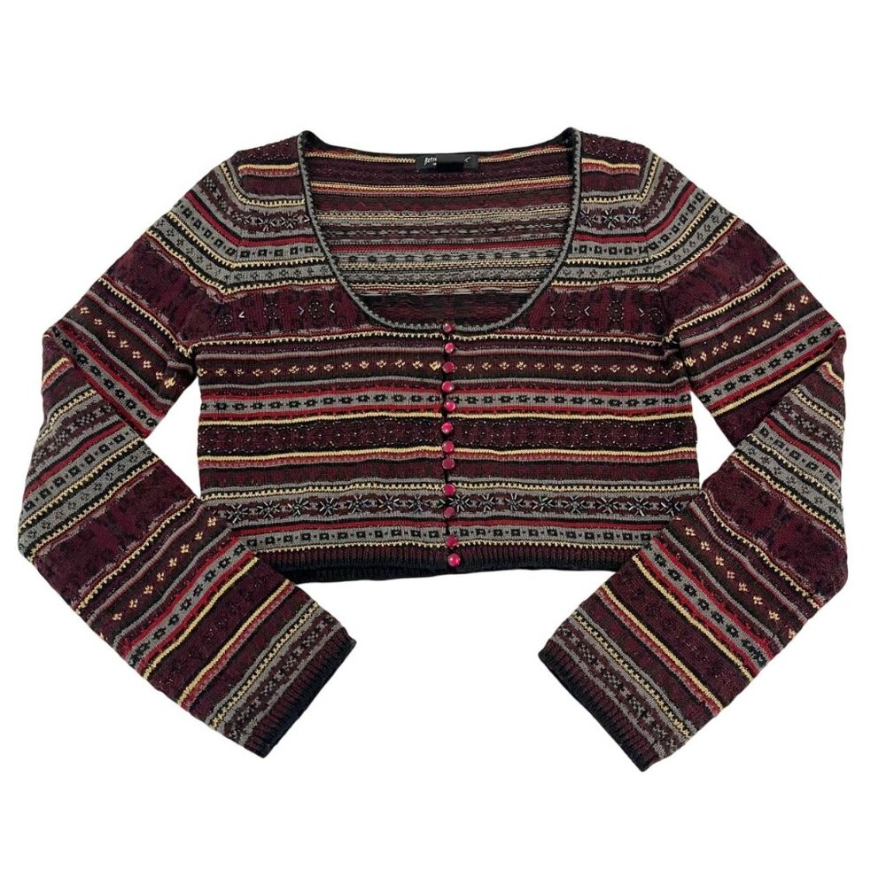 Vintage Betsey Johnson Fair Isle Croppedโ Cardigan Sweater Corset 90s Y2K LARGE